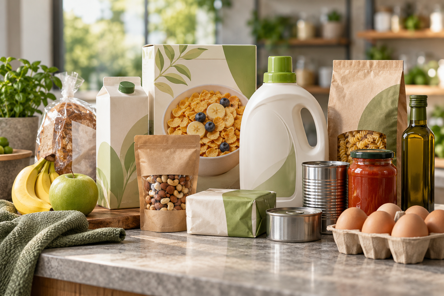 Everyday packaged consumer goods arranged for a product campaign