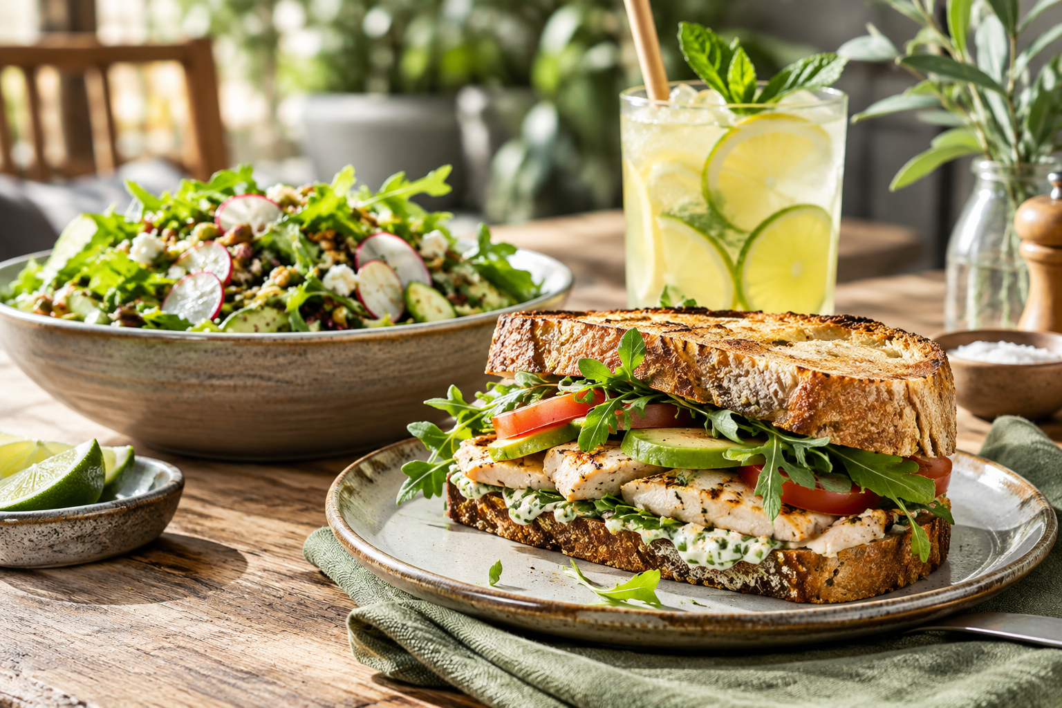 Fresh food and citrus beverages styled for a restaurant campaign