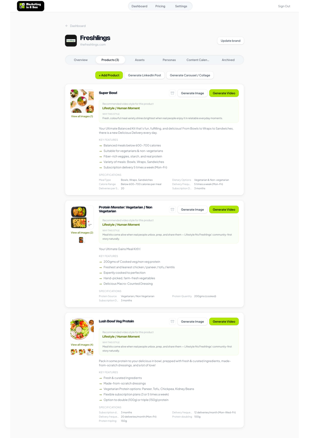 Actual MiAB product details and Generate Video action