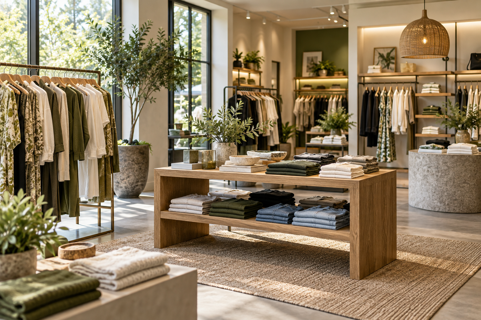 Contemporary retail store with clothing and merchandise displays